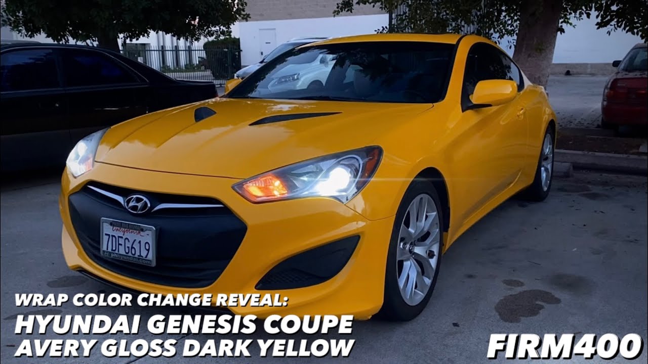 HYUNDAI GENESIS COUPE AVERY GLOSS DARK YELLOW VINYL WRAP COLOR CHANGE REVEAL BEFORE AND AFTER
