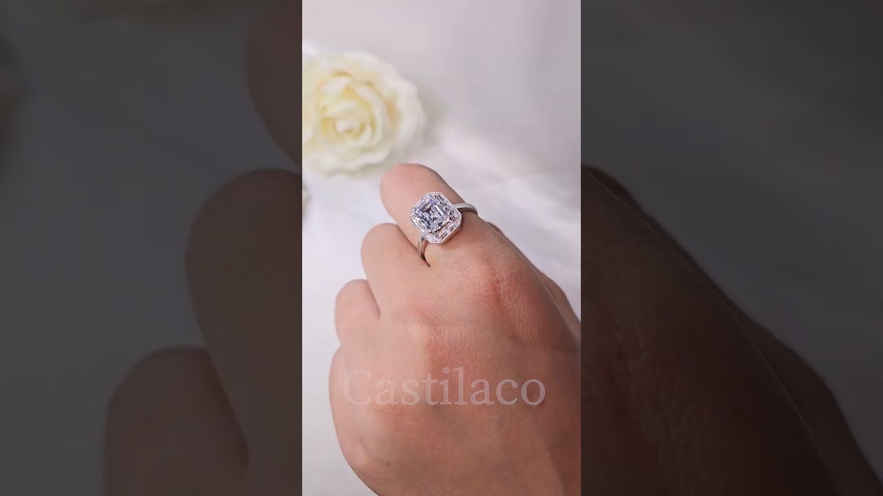 Emerald Cut Moissanite Diamond Halo Engagement Ring 