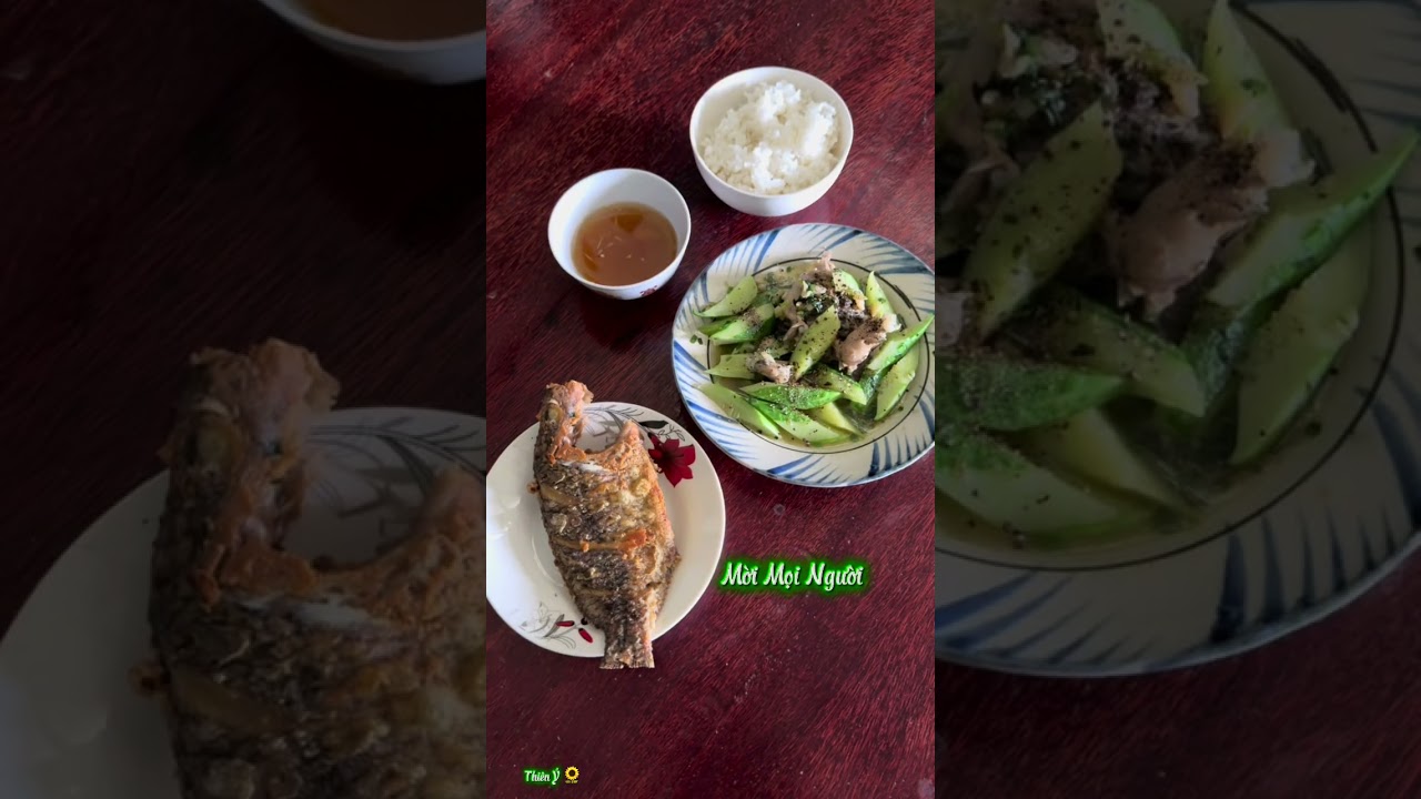 Ếch xào dưa leo, cá muối chiên