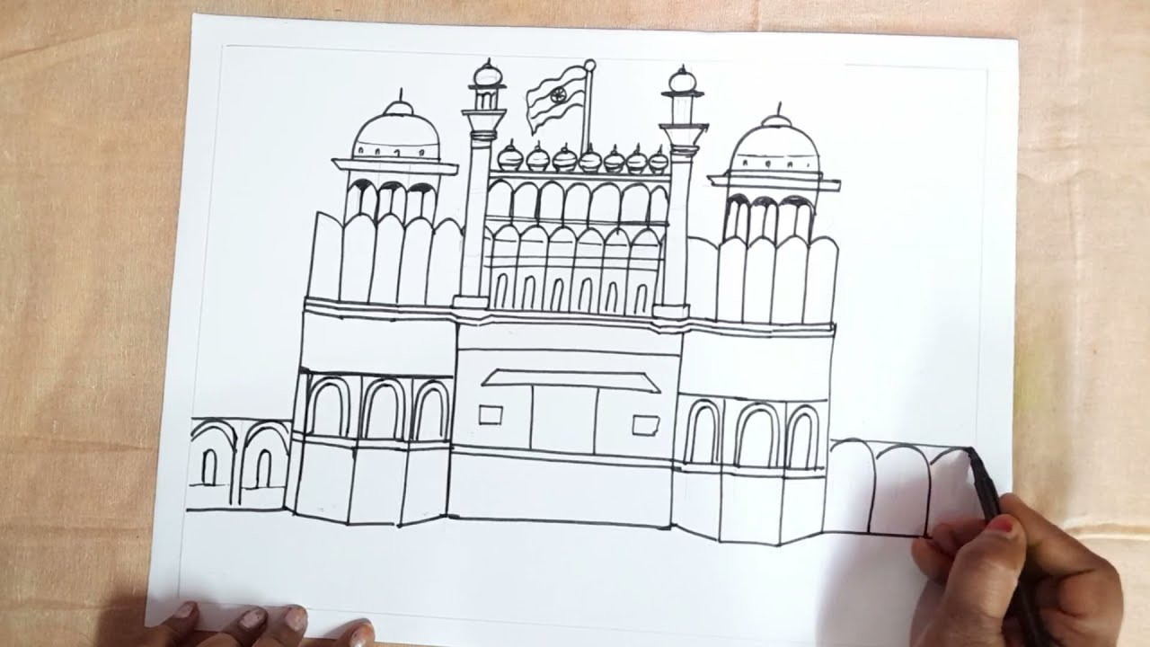 Premium Vector | Sketching of indian monument red fort with green and  saffron brush stroke effect on white for 26 january, republic day.