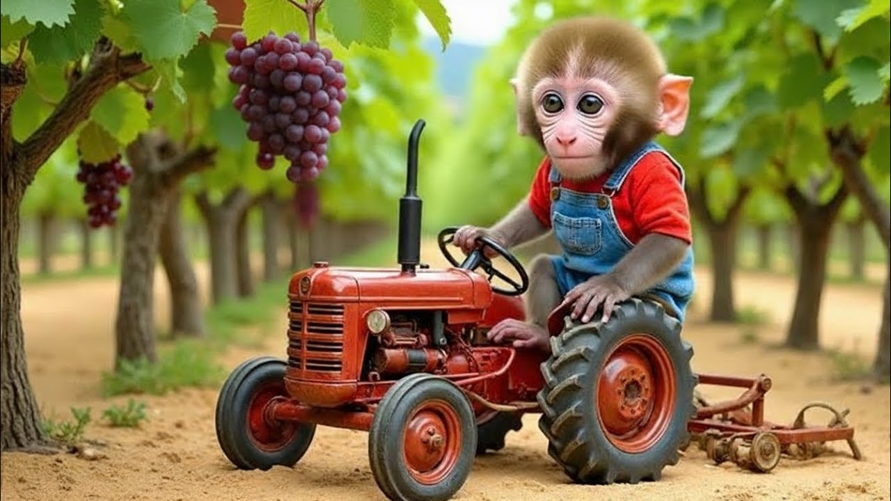 Monkey Ride Tractor Monkey Drives Tractor! ๐ต๐Baby Monkey Tractor Farming!Monkey Harvests ...