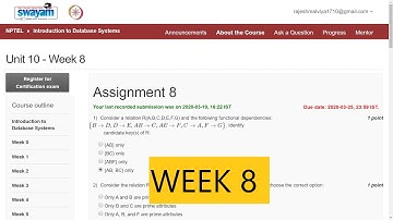 Week 8 NPTEL Assignment Answers / Solutions || Introduction to Database Systems (DBMS) ,2020