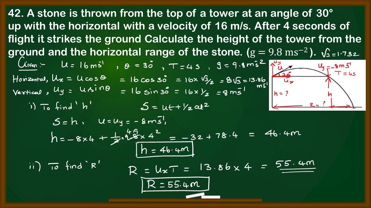 A stone is thrown from the top of a tower at an angle of 30° up with ...