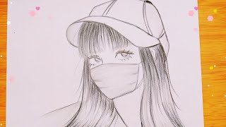 رسم سهل | تعليم رسم بنت انمي بكمامة بطريقة سهلة جدا للمبتدئين | رسم بنت مع قبعة | رسم انمي بنات