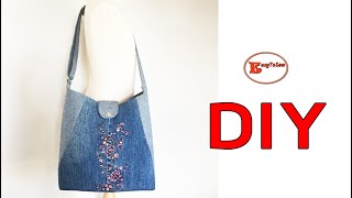 DIY SHOULDER BAG FROM RECYCLED JEANS SEWING TUTORIAL | OLD JEAN BAG TUTORIAL