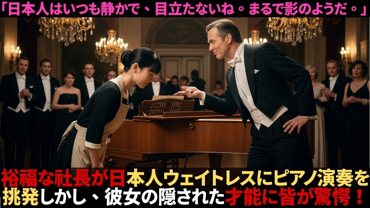 裕福な社長が日本人ウェイトレスにピアノ演奏を挑発――しかし、彼女の隠された才能に皆が驚愕！