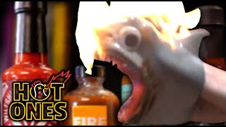 Shark Puppet Goes Up in Flames While Eating Spicy Wings | Hot Ones