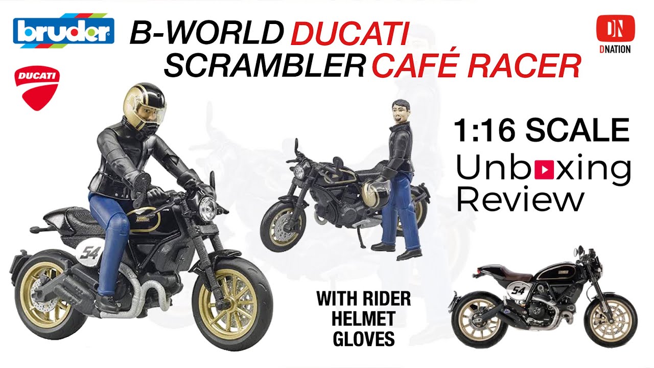 Bruder 63050 Scrambler Ducati Cafe Racer mit Fahrer Motorrad Modell Spielzeug 