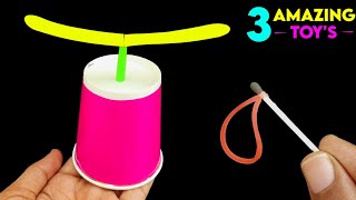 3 Amazing homemade toys , how to make rubberband launcher toy , easy paper flying helicopter