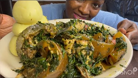 ASMR cow skin, sweet bitter leaf soup with FUFu (mukbang bang (no talking) eating show #asmr #mukban