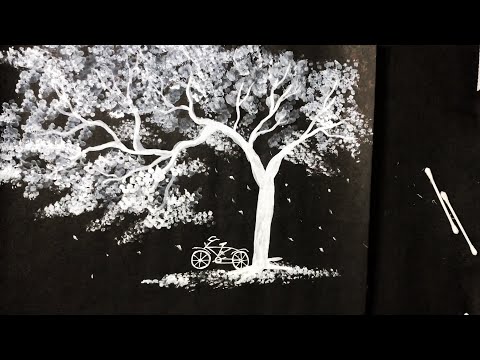 Acrylic Painting Black Background & White Tree #869