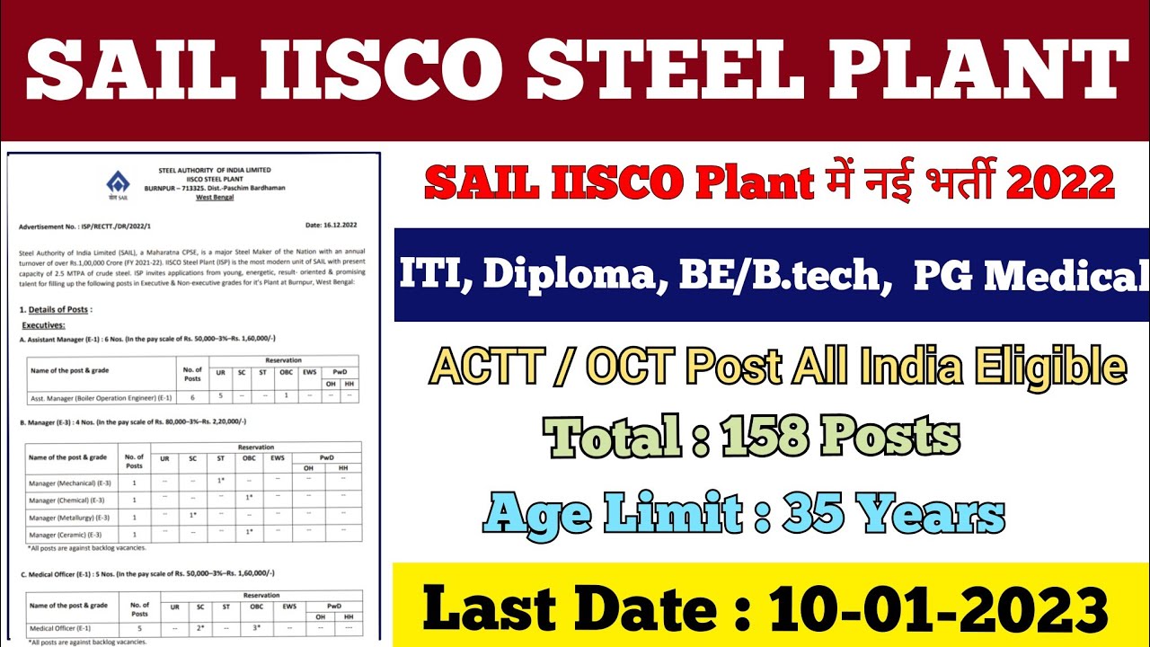 SAIL IISCO Steel Plant New Recruitment || SAIL New Job || IISCO Plant OCT ACTT  New Vacancy 