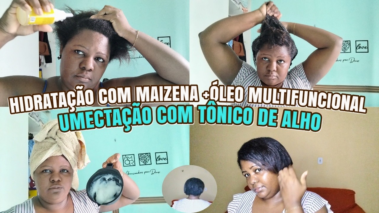 HIDRATAÇÃO CASEIRA COM MAIZENA+ ÓLEO MULTIFUNCIONAL PÓS CORTE QUÍMICO😪//UMECTAÇÃO COM TÔNICO DE ALHO