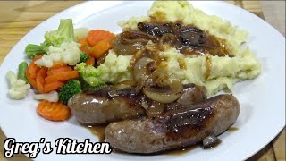 Cooking Dinner - Sausages With Mashed Potatoes and Onion Gravy