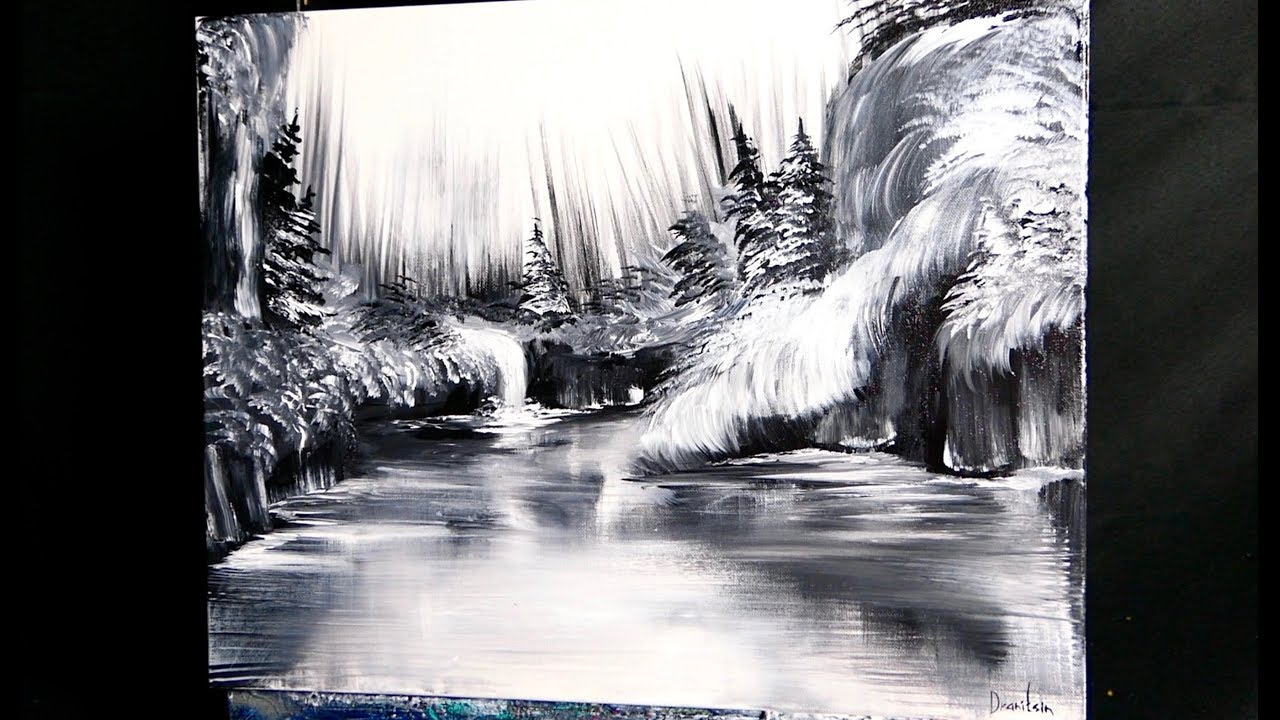 BLACK and WHITE WATERFALL, SIMPLE FAN BRUSH PAINTING TECHNIQUES, ACRYLIC  PAINT