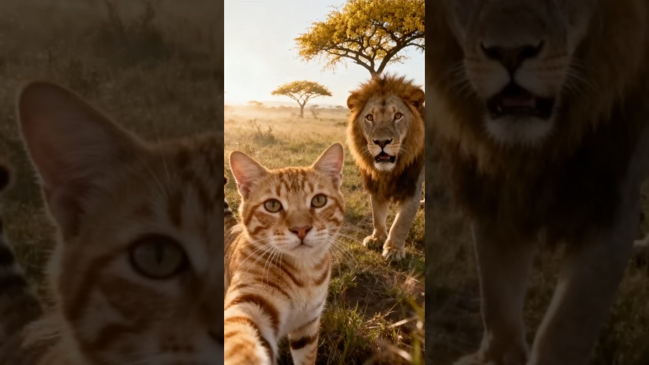 Unlikely Friends: A Cat's Ultimate Wildlife Selfie Challenge! 🦁🦊🐼