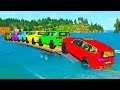 Triple Flatbed Trailer McQueen Transportation with Truck - Speedbumps vs Cars vs Train - BeamNG #74