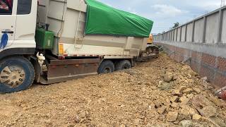 Epic Fail !! Dump Truck Back Unload Fails - Stuck and Recovery With Bulldozer