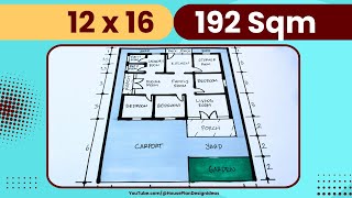 Ev planı 192 metrekare 12x16 metre ölçülerinde 3 yatak odası