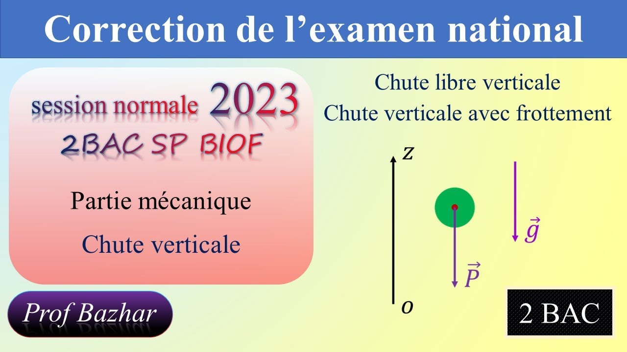 Chute verticale : examen national normale 2023 , mécanique partie 1 2BAC SP BIOF