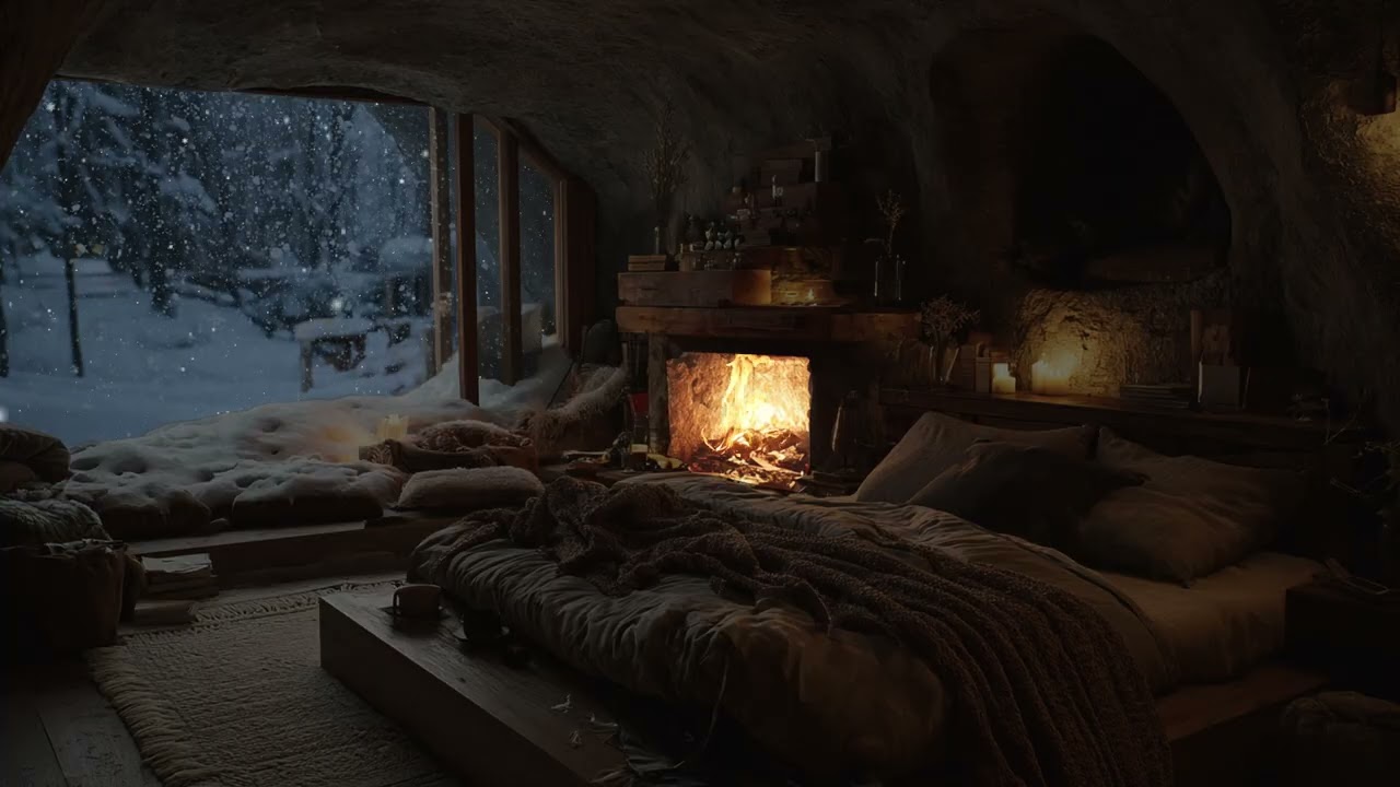 Sleepless Nights in Falling Snow | Soft Piano and Fireplace Glow for Deep Rest