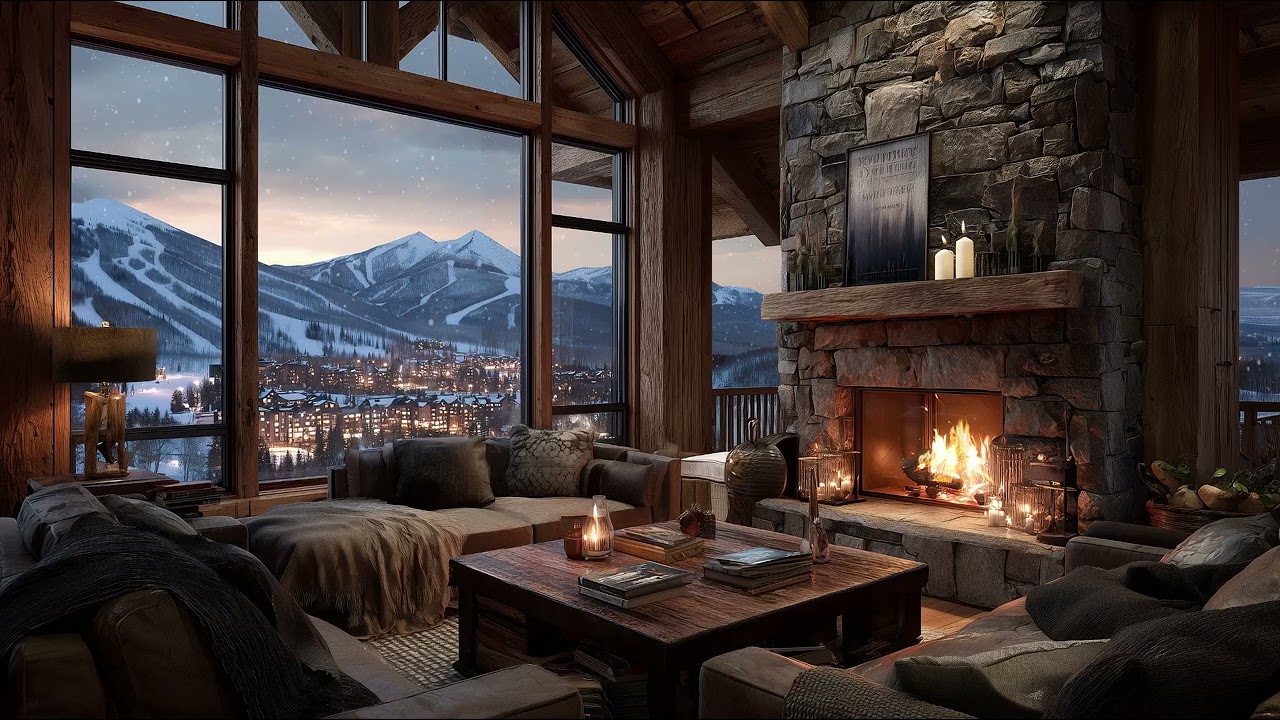 Ski Resort Chalet Relaxing Fireplace ❄️ Mountain Snowfall Crackling Fireplace Ambience | 6 Hours