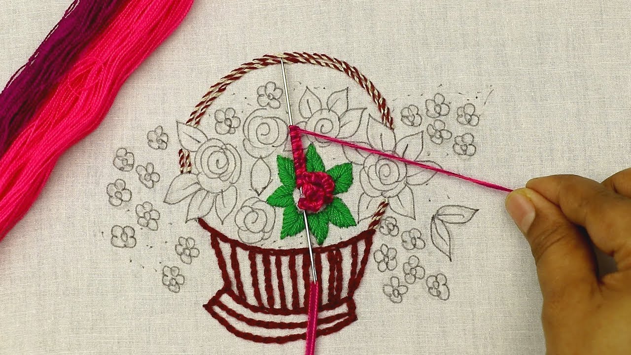hand embroidery, flower basket embroidery design with elegant stitches