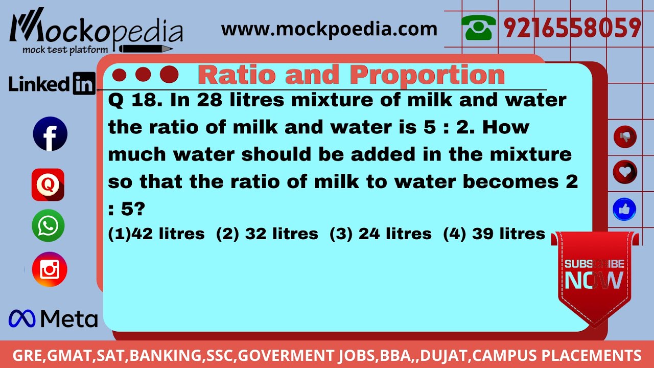 Q18 In 28 litres mixture of milk and water the ratio of milk and water