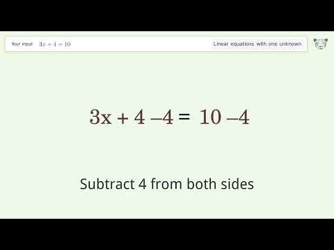 Video Linear equation with one unknown: Solve 3x+4=10 step-by-step solution - youtube