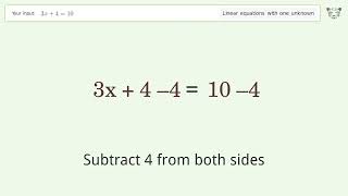 Linear equation with one unknown: Solve 3x+4=10 step-by-step solution