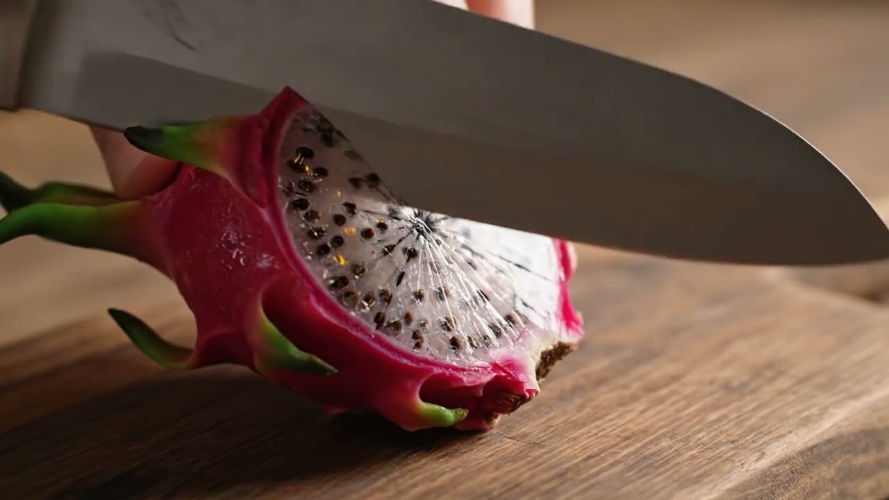 Mesmerizing Macro: Knife Slices Glass Dragon Fruit with Prismatic Perfection 