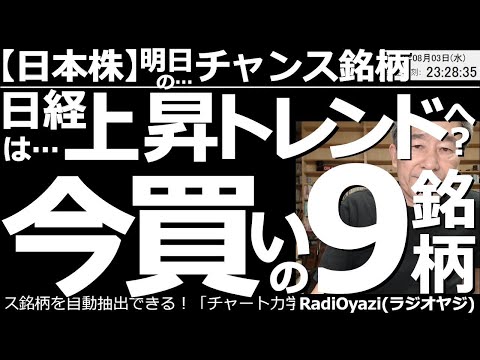 【日本株－明日のチャンス銘柄】日経平均は上昇トレンドへ？今「買い」の９銘柄！　日経平均は上値が重いが、上昇トレンドへ移行するかもしれない。詳しく解説する。ほか、売買が検討できる株の個別銘柄を紹介する。
