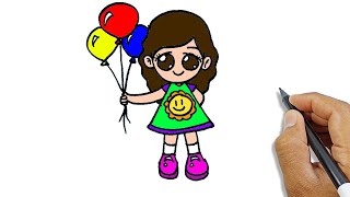 how to draw a girl catching balloons so easy simple drawings for beginners