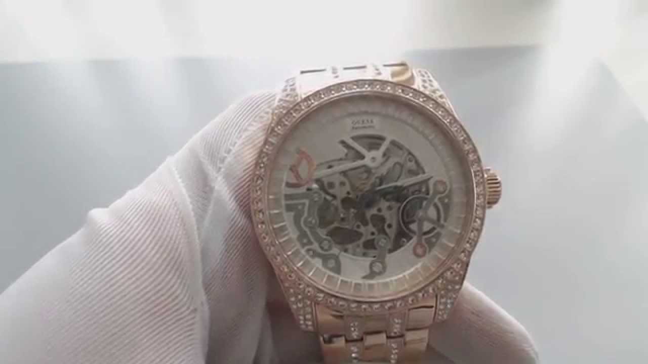 Men's Rose Gold Tone Guess Automatic Crystallized Watch U0012G2 - YouTube