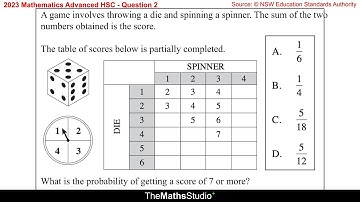 2023 Maths Advanced HSC Q2 Use 2-way table to find 2-stage probability involving die & spinner