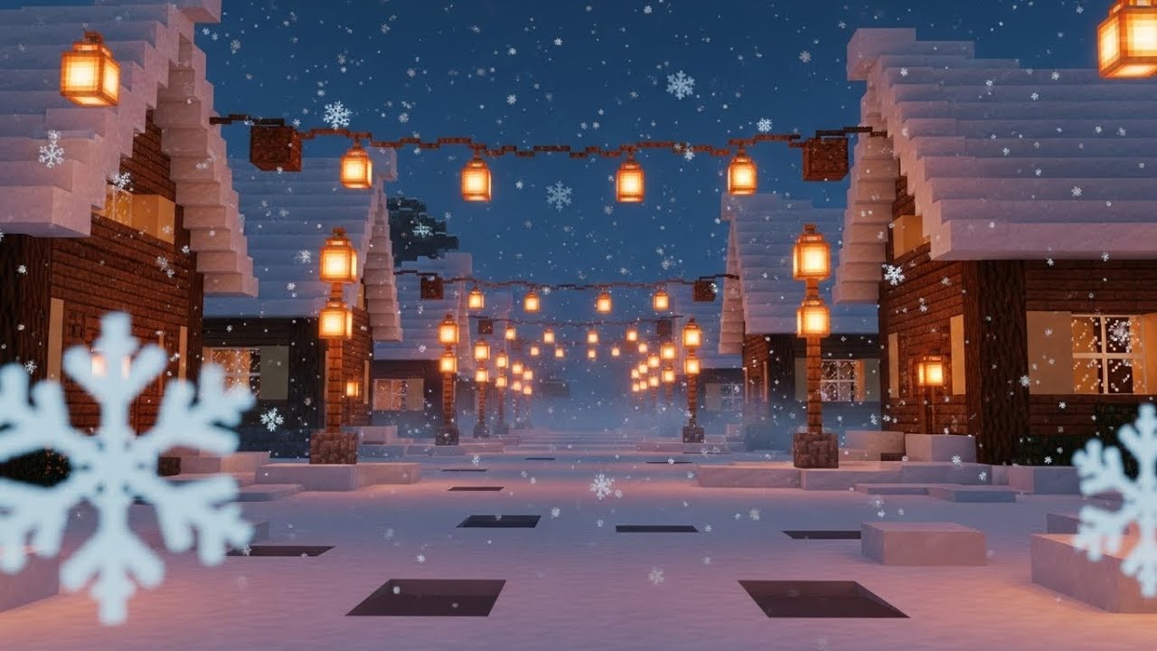 Cozy Minecraft Snowy Village Ambience –  Gentle Winter Snow | 1 Hour Relaxing Background Music