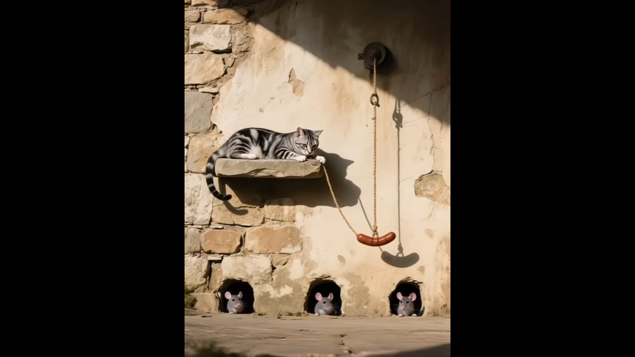 Cat Fishing with Sausage: 3 Mice Fooled! 