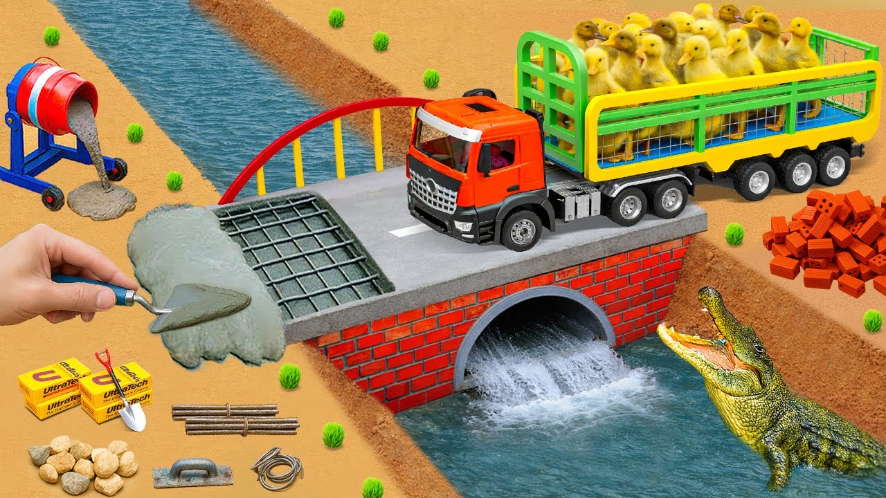 Crocodile Destroys Wooden Bridge | DIY Mini Tractor Builds a Strong Brick Bridge for Trucks