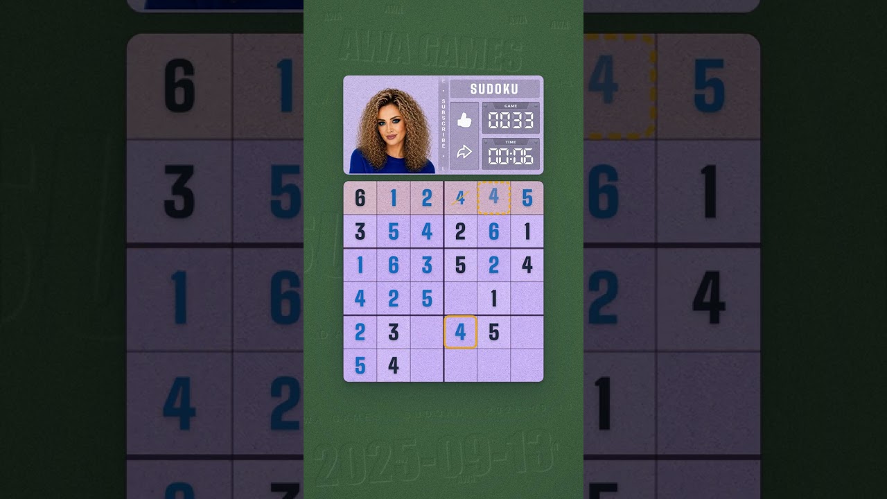 LinkedIn Mini Sudoku #33 solved board for September 13, 2025, 6x6 grid