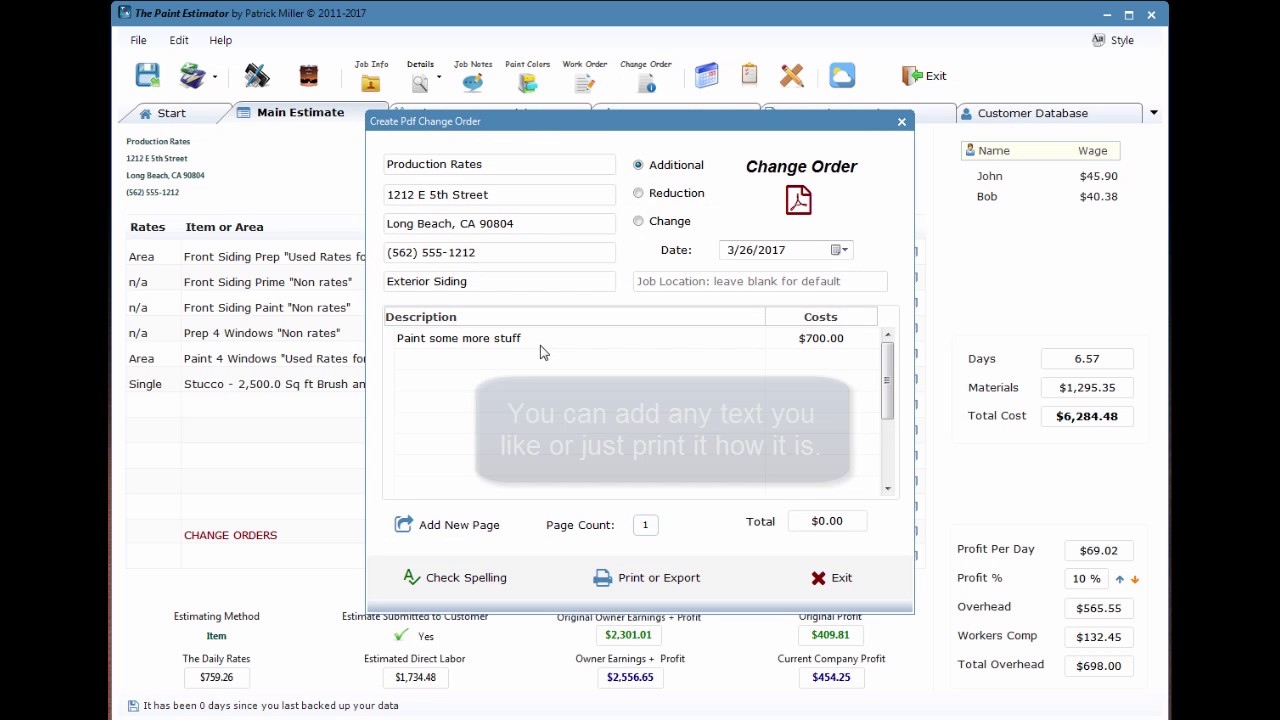 Estimating program for painters Create a change order using The Paint