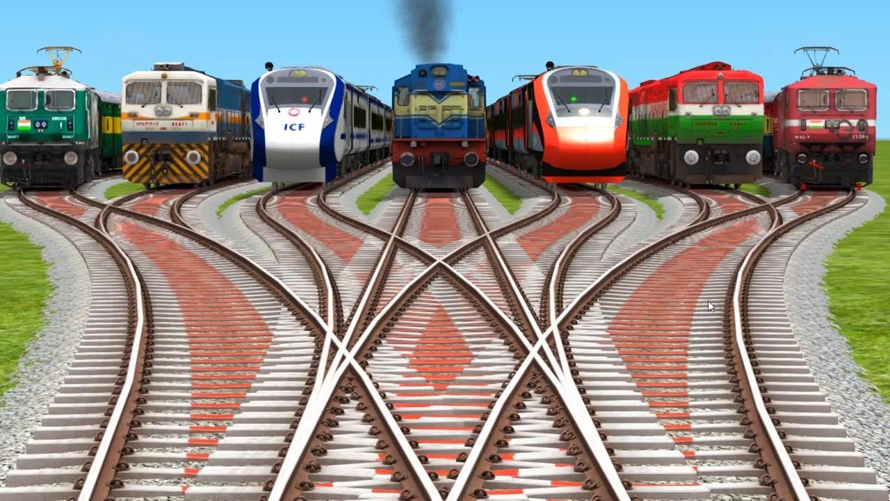 7 Line Trains Crossing By Bumpy Grandient Tracks | indian train simulator 2025