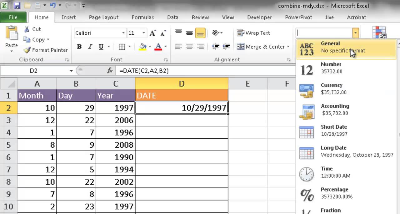 Combine Separate Day Month And Year With The Date Function Youtube