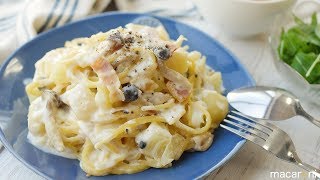フライパンだけで贅沢に！きのことベーコンの簡単クリームパスタのレシピ・作り方