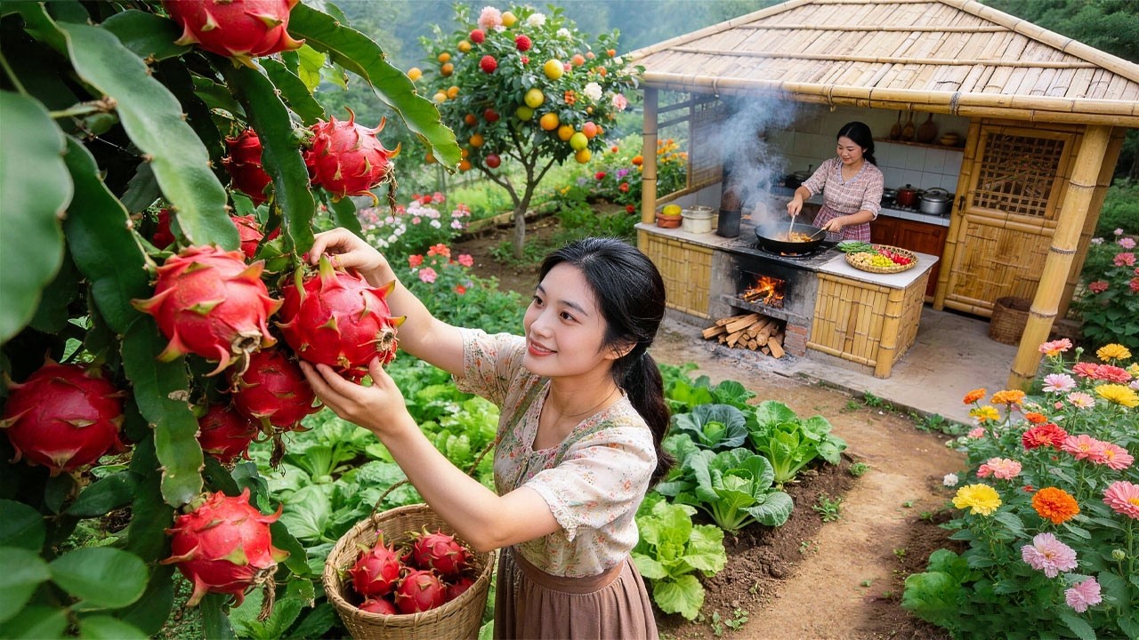 Real Off-Grid Farm Life: Gardening, harvesting dragon fruit, and making cakes from dragon fruit