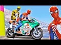 MOTOS com HOMEM ARANHA e SUPER HERÓIS no Desafio Parkour no LAGO! GTA V - IR GAMES