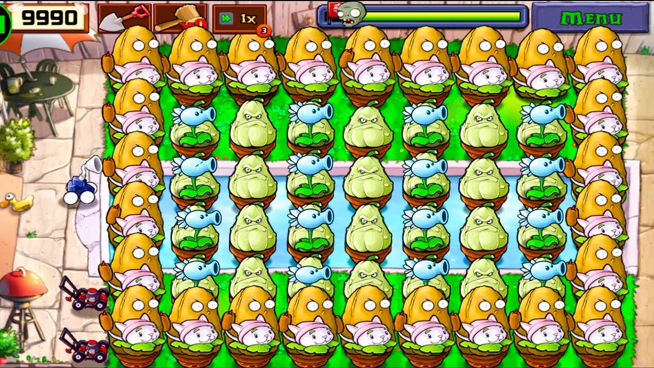 Plants Vs zombies Survival Pool Snow Peashooter+Squash+Tall Nut+Cattail Vs All Zombies Gameplay 