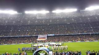 Uefa champions league anthem before fc barcelona vs borussia
monchengladbach at camp nou on december 6, 2016