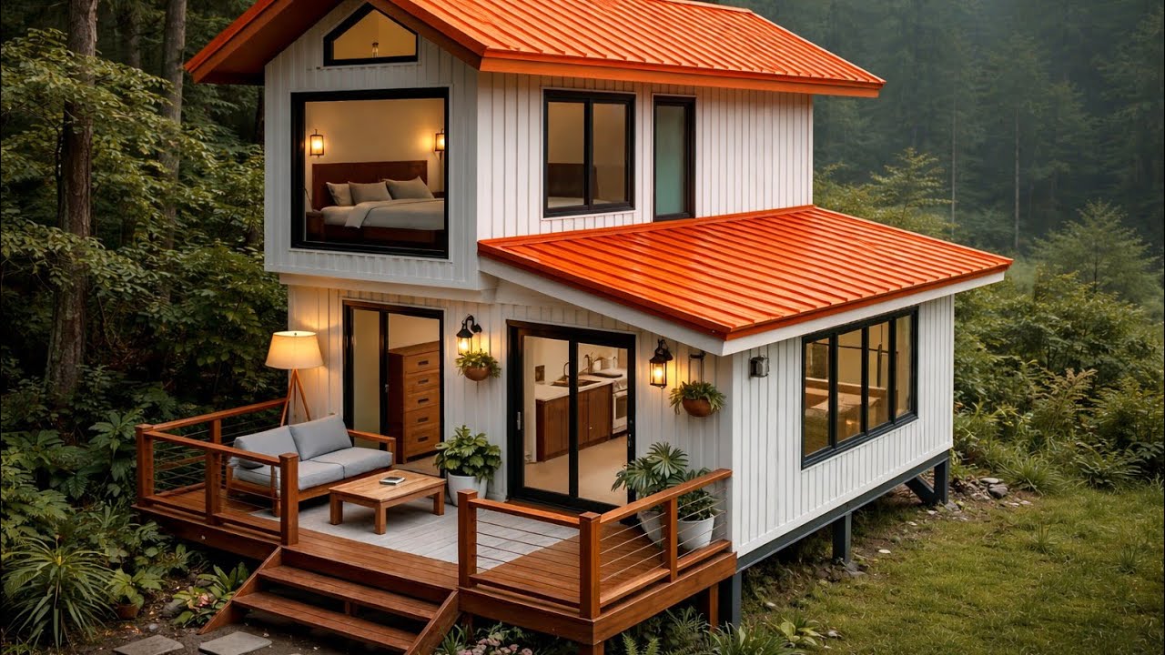 A couple with two youngchildren built a multi-story wooden house with a convenient interior, kitchen