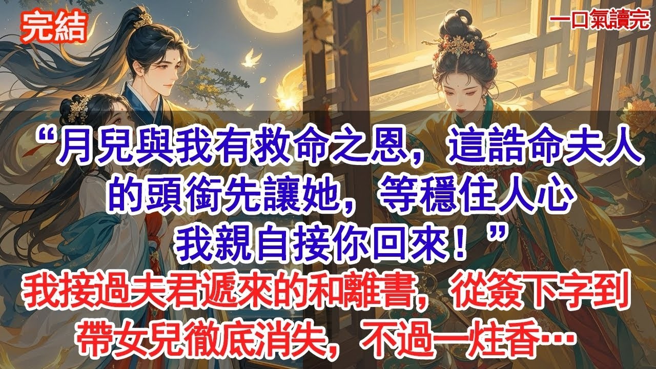“月兒與我有救命之恩，這誥命夫人的頭銜先讓她，等穩住人心，我親自接你回來！“我接過夫君遞來的和離書，從簽下字到帶女兒徹底消失，不過一炷香…#古風#追妻火葬場#愛情#小說