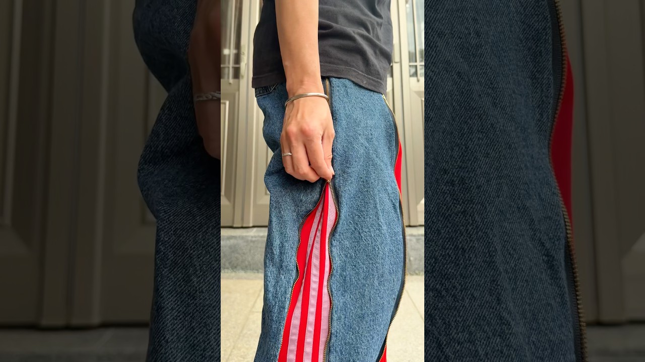 デニムとトラックパンツを再構築したリメイクパンツ🏃‍♂️ #リメイク